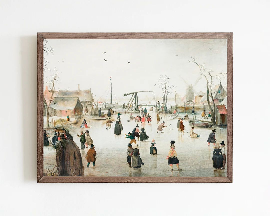 Christmas village painting, ice skating art print, vintage winter prints, antique holiday wall ar... | Etsy (US)