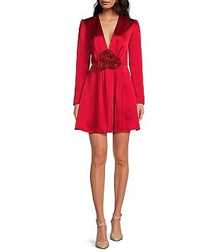 Raini Satin Tie Front Long Sleeve A-Line Dress | Dillard's