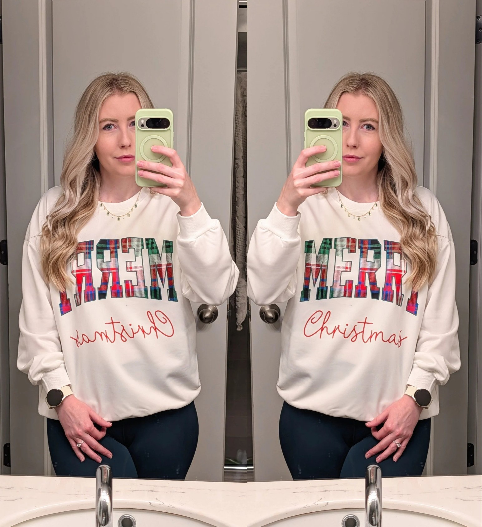 White Merry Christmas sweatshirt with plaid text. Oversized and comfy! Aerie offline leggings are only $20!!! This is a perfect Christmas outfit.

#LTKHoliday #LTKActive #LTKSaleAlert