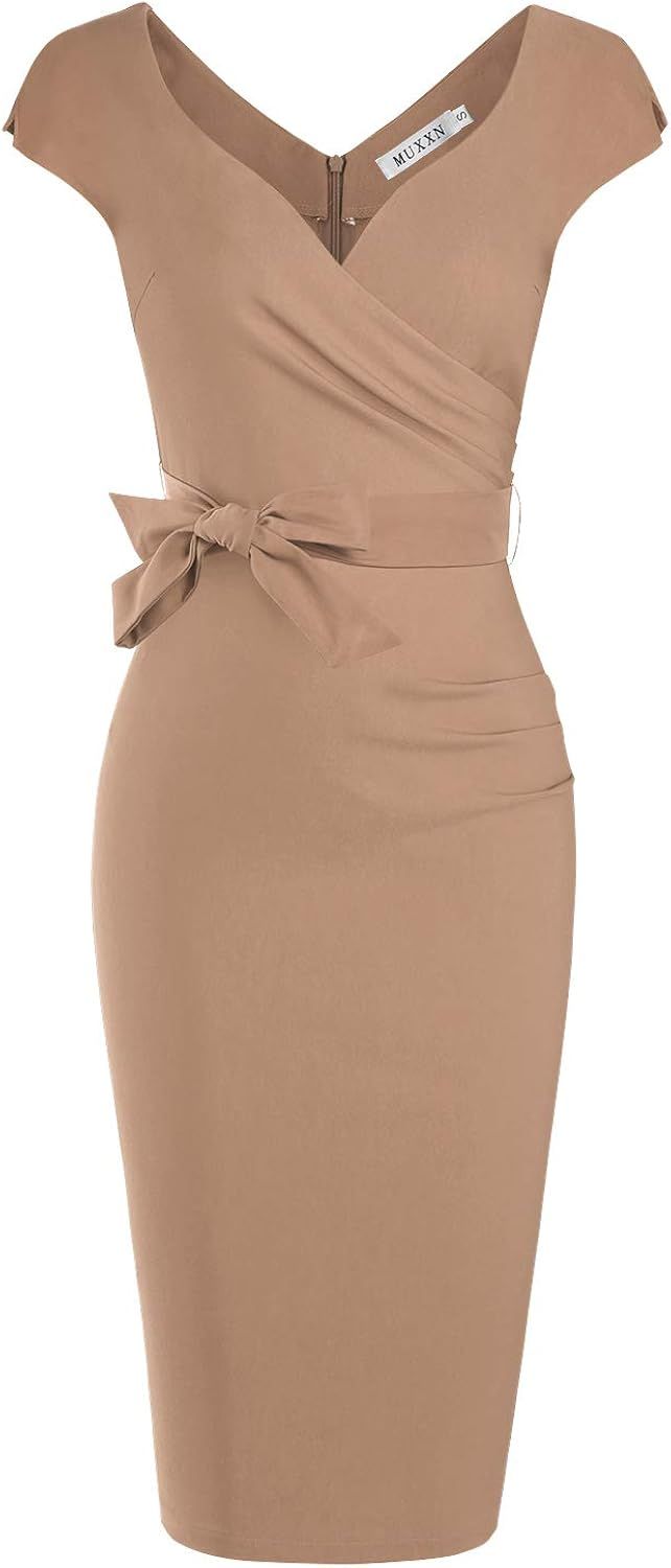 MUXXN Women's Vintage 1950s Style Wrap V Neck Tie Waist Formal Cocktail Dress | Amazon (US)