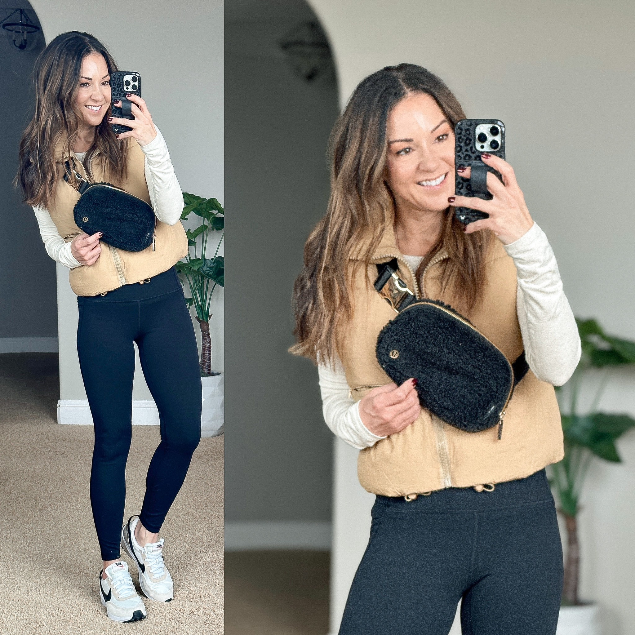 💥sale alert on this Super comfy & soft cropped puffer vest in Khaki xs it’s 24% off plus a 15% off coupon //  long sleeve tee xs // brushed tech leggings with pockets 25" xs // i linked a similar sherpa belt bag.  No-show socks that don't slip!  
Nike waffle debut sneakers go up a 1/2 size  

#LTKstyletip #LTKsalealert #LTKSeasonal