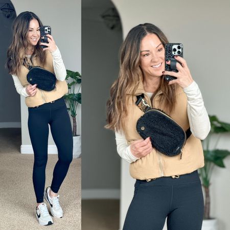 💥sale alert on this Super comfy & soft cropped puffer vest in Khaki xs it’s 24% off plus a 15% off coupon //  long sleeve tee xs // brushed tech leggings with pockets 25" xs // i linked a similar sherpa belt bag.  No-show socks that don't slip!  
Nike waffle debut sneakers go up a 1/2 size  

#LTKstyletip #LTKsalealert #LTKSeasonal