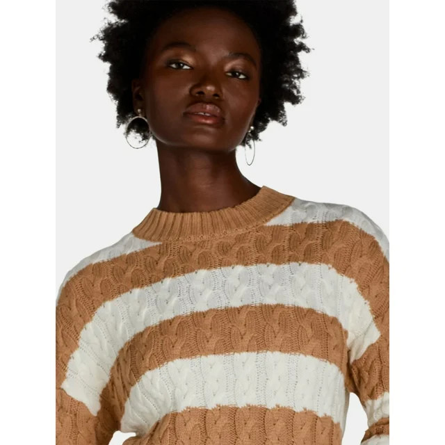 Time and Tru Women's and Women's Plus Cable Knit Crewneck Sweater, Midweight, Sizes XS-4X - Walma... | Walmart (US)