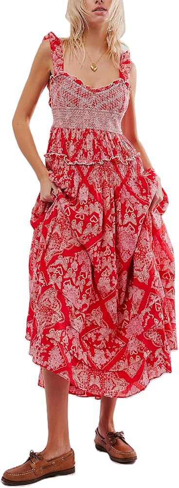 Faretumiya Women Flowy Maxi Dress Y2K Sleeveless Tie Shoulder Long Dress Boho Floral Smocked Shir... | Amazon (US)