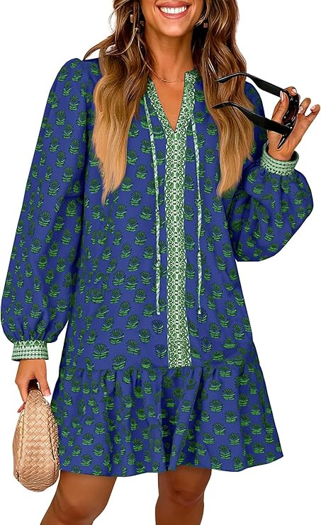 Wenrine Womens Long Sleeve Casual Mini Dress Floral V Neck Ruffle Loose Fall Boho Babydoll Dresse... | Amazon (US)