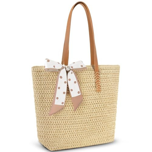 Trifabricy Beach Bags for Women, Large Straw Beach Bag, Woven Beach Tote Bag Shoulder Handbags, Packable Straw Bag Beach Purse for Summer Vacation, Beige | Amazon (US)