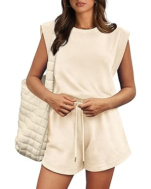 OFEEFAN Rompers for Women Summer Cap Sleeve Adjustable Drawstring Waistband Crewneck Casual Outfi... | Amazon (US)