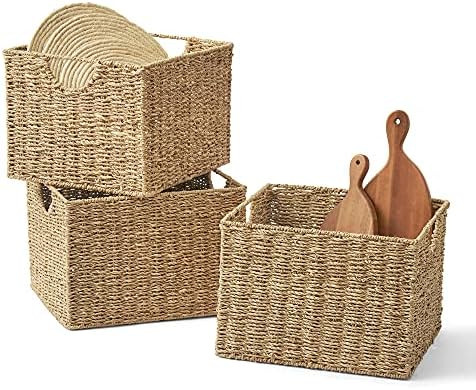 Amazon.com: Artera Wicker Cube Storage Baskets - Set of 3, Woven Shelf Basket for Organizing, Nat... | Amazon (US)