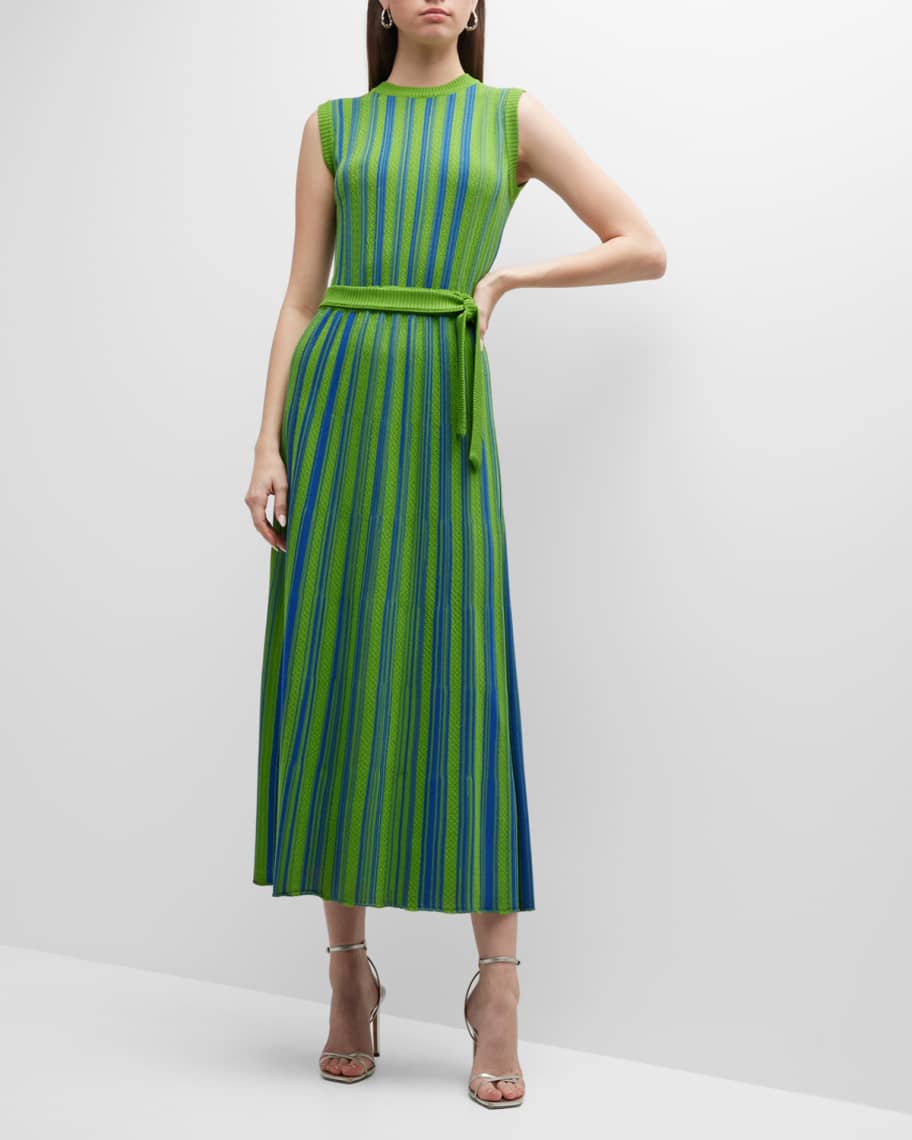 Misook Belted Sleeveless Striped Midi Dress | Neiman Marcus