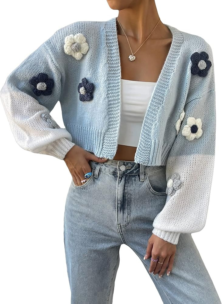 MakeMeChic Women's Floral Applique Lantern Sleeve Open Front Cropped Cardigan Sweater | Amazon (US)