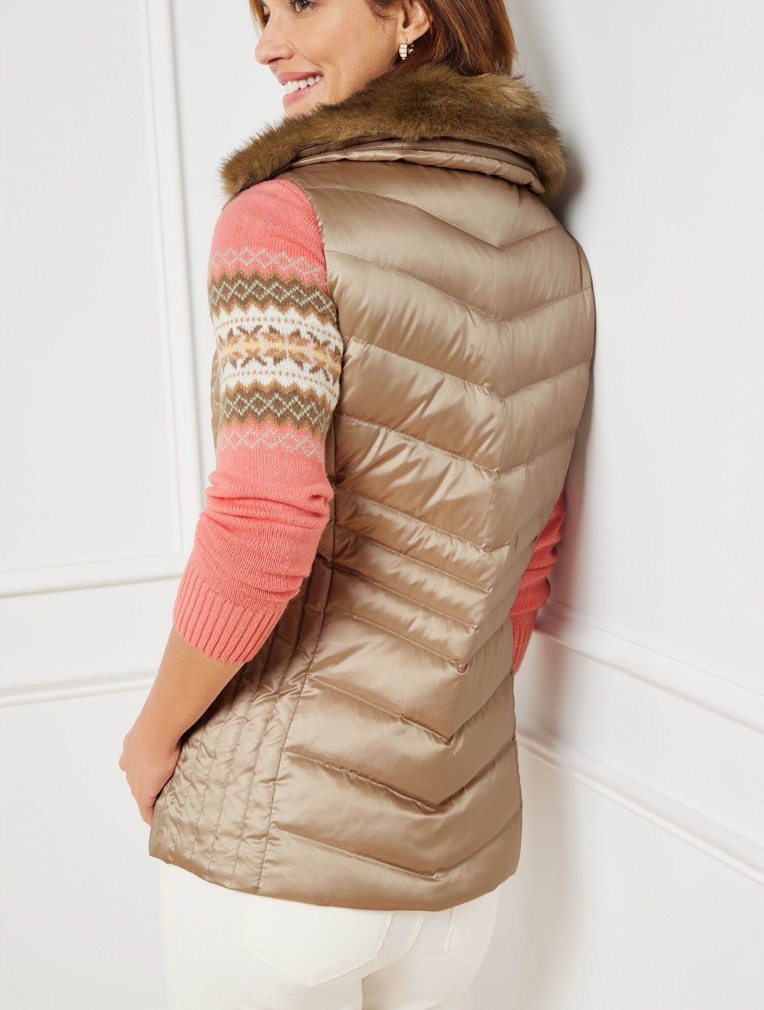 Faux Fur Collar Metallic Puffer Vest | Talbots