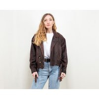 Leather Moto Jacket Women Vintage 80S Bomber Biker Brown Press Button Leather Grunge Jacket Casual O | Etsy (US)