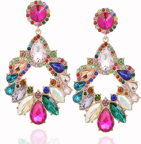 VANGETIMI Fashion Rhinestone Statement Drop Dangle Earrings Large Colorful Crystal Chandelier Ear... | Amazon (US)