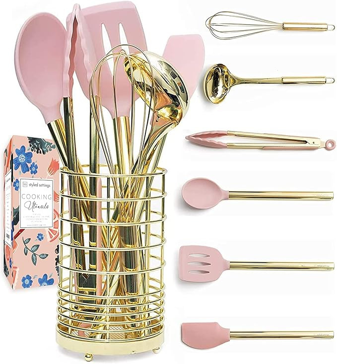 Gold & Pink Kitchen Utensil Set with Holder - Pink Cooking Utensils:Gold Whisk,Gold Ladle,Pink Sp... | Amazon (US)
