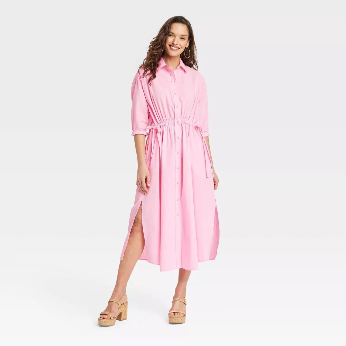 Women's Long Sleeve Cinch Waist Maxi Shirtdress - Universal Thread™ Pink S | Target