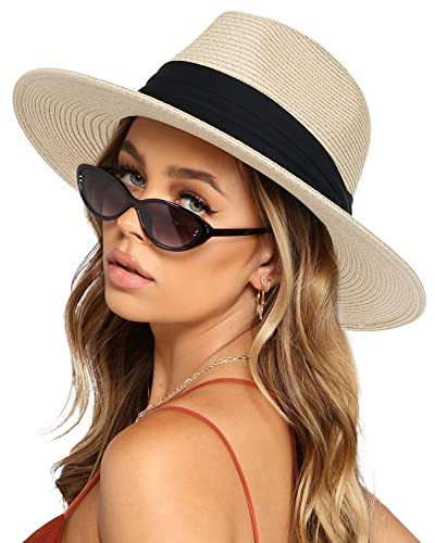 Womens Wide Brim Straw Panama Hat Fedora Summer Beach Sun UPF for Women (Style Cream, M (Head Circum 22.1"- 22.8")) | Amazon (US)