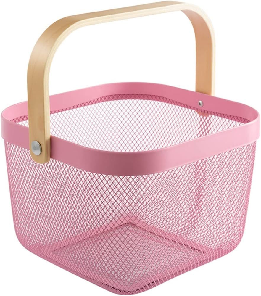 Ymeibe Mesh Steel Storage Organizer Basket Fruit Basket Bin with Wood Handle Ideal for Kitchen Ba... | Amazon (US)