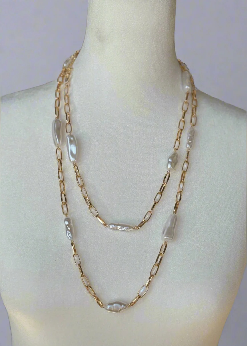 Marie Gold Metal Oval Link Long Pearl Beaded Chain Necklace | Benaar La