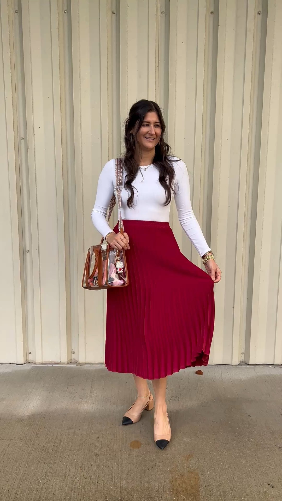 Pleated midi skirt and long sleeve bodysuit outfit of the day. 

#LTKootd #LTKHoliday #LTKSeasonal