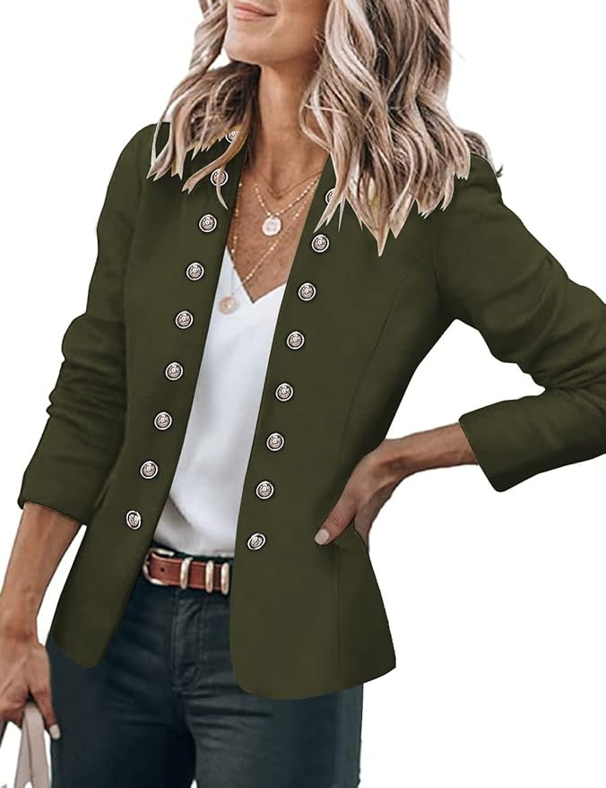 GRAPENT Women's Business Casual Buttons Pockets Open Front Blazer Suit Cardigan Army Green Size M... | Amazon (US)