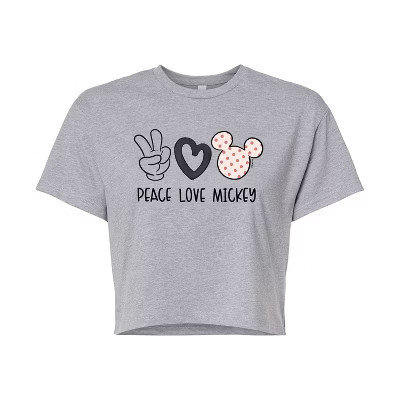 Women's Disney Peace Love Mickey Cropped Graphic T-Shirt - Heather Grey - Small | Target