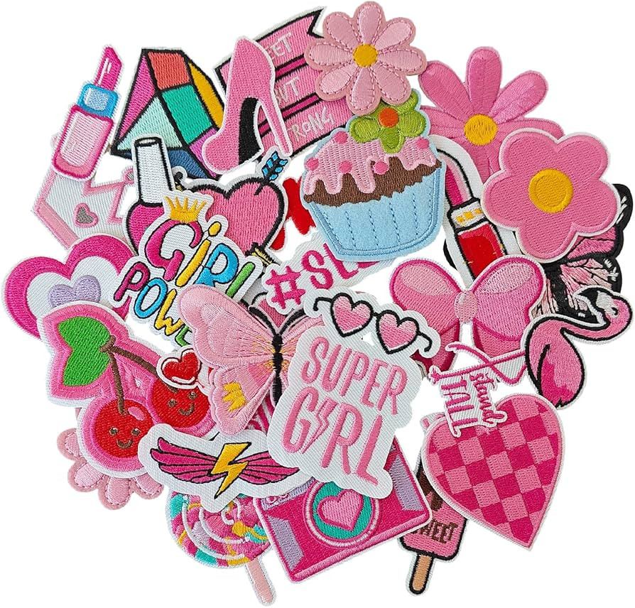 32PCS Pink Girl Iron on Patches, Sew on Embroidered Applique Pink Patches for Clothes, Jeans, Hat... | Amazon (US)