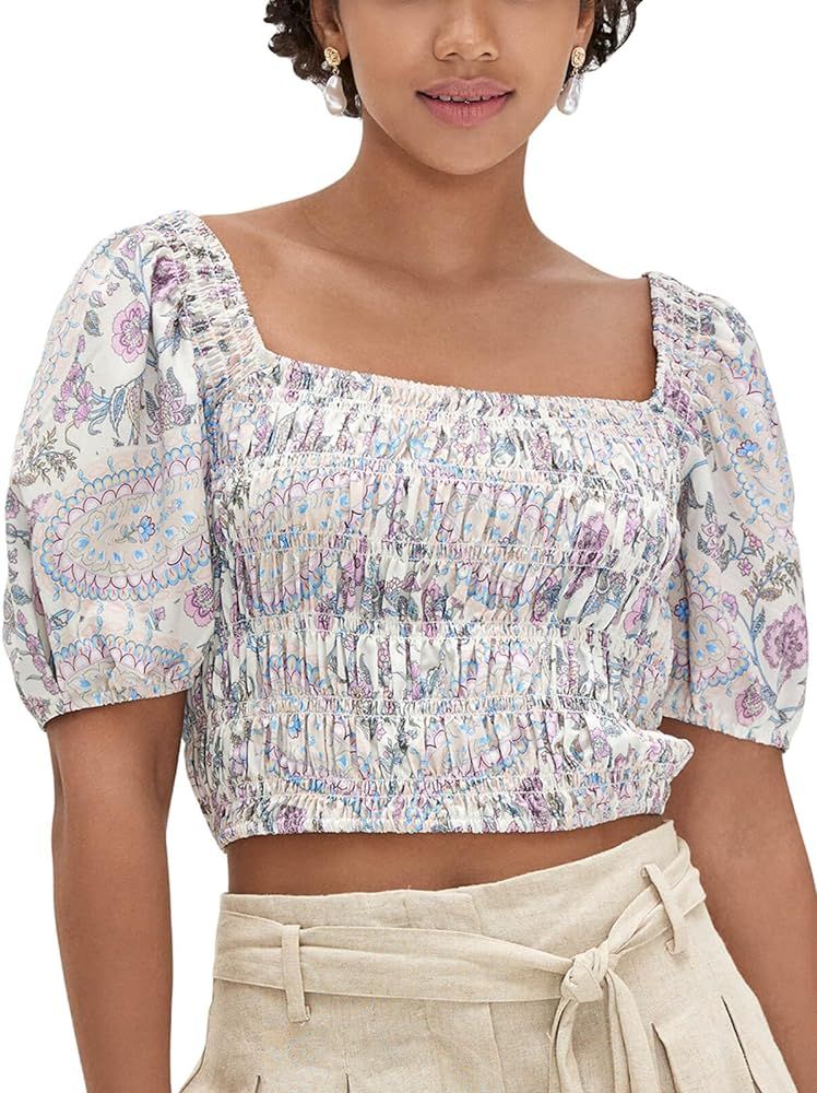 Womens Square Neck Boho Tops Short Sleeve Floral Crop Tops Smocked Summer Blouse Tops | Amazon (US)