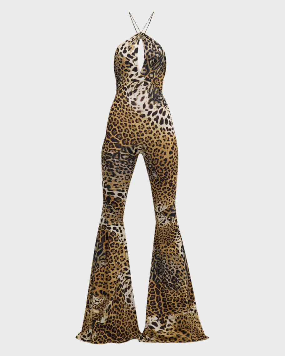 Leopard-Print Halter Flared Jumpsuit | Neiman Marcus