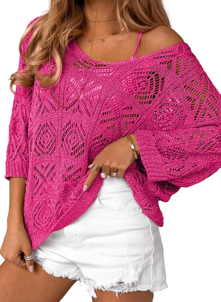 Dokotoo Women's 2025 Spring Summer Crochet Hollow Out 3/4 Sleeve Pullover Sweater Off Shoulder T-... | Amazon (US)