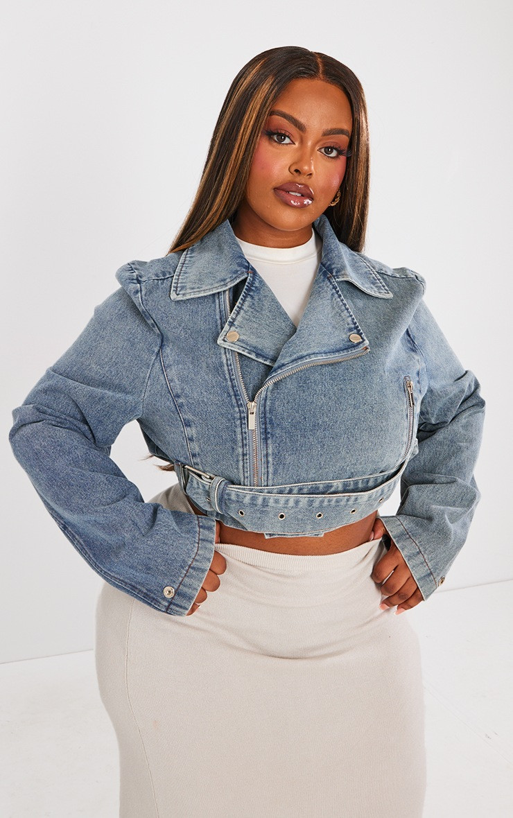 Plus Vintage Mid Wash Cropped Denim Biker Jacket | PrettyLittleThing US