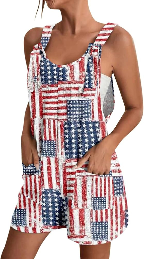 ADHOWBEW Womens American Flag Overalls Shorts Trendy Sleeveless Sexy Festival Rompers | Amazon (US)