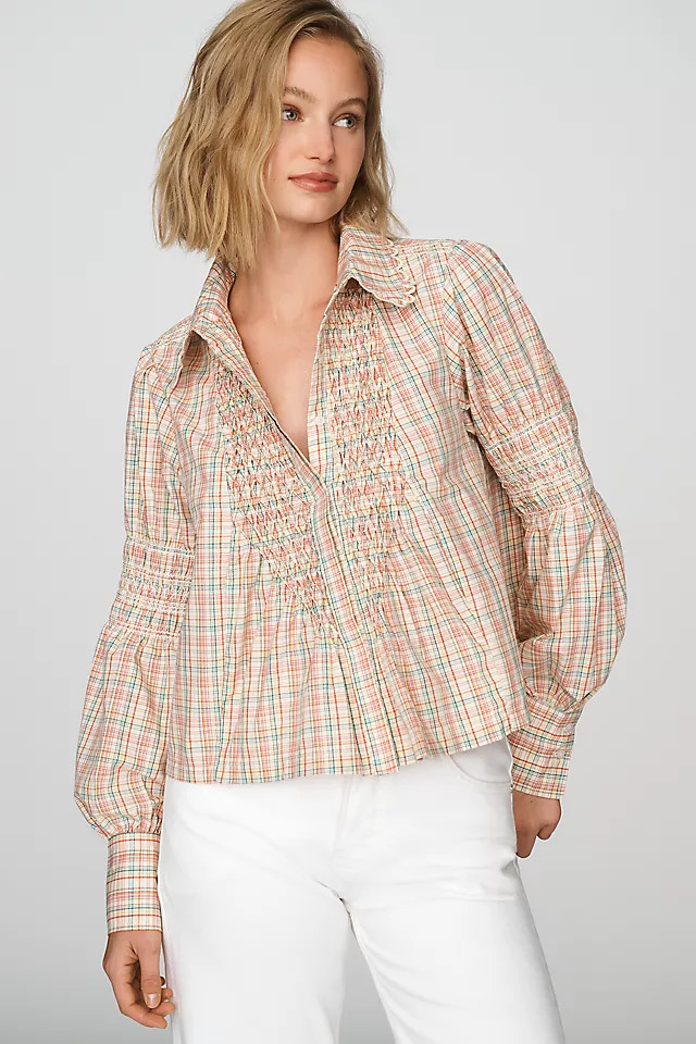 100% Cotton Smocked Buttondown Shirt | Anthropologie (US)