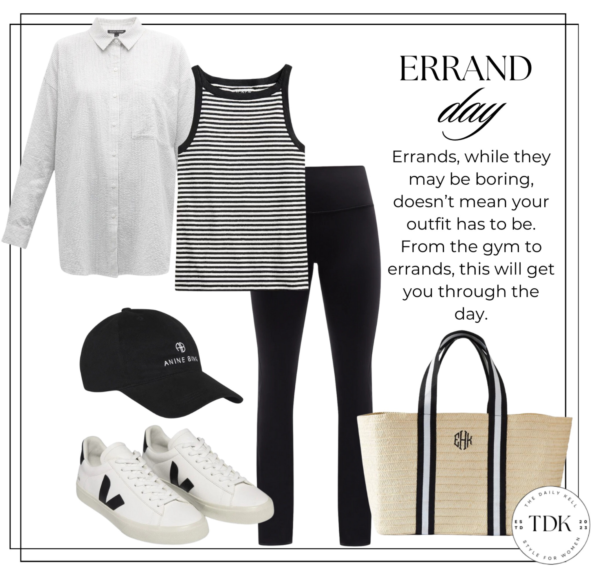Tackle your errands in a stylish black and white ensemble!

Opt for comfy black leggings, tank top, cotton buttondown shirt. Complete the look with a timeless white sneakers, and a spacious tote.

Effortless, comfy and undeniably chic! 

#LTKStyleTip #LTKActive #LTKOver40
