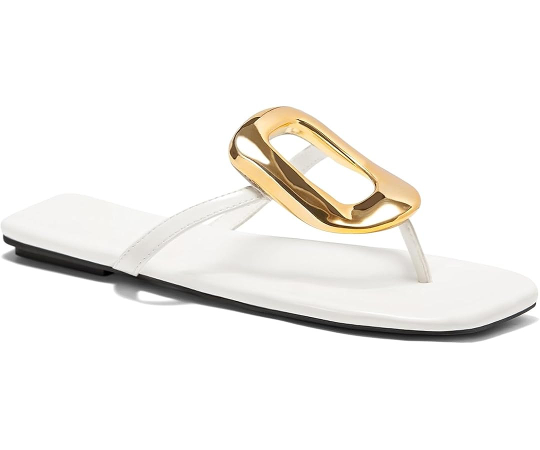 Womens Summer Square Toe Flip Flops Flat Sandals Slip On Shoes Slide Sandals with Gold Metal Deco... | Amazon (US)