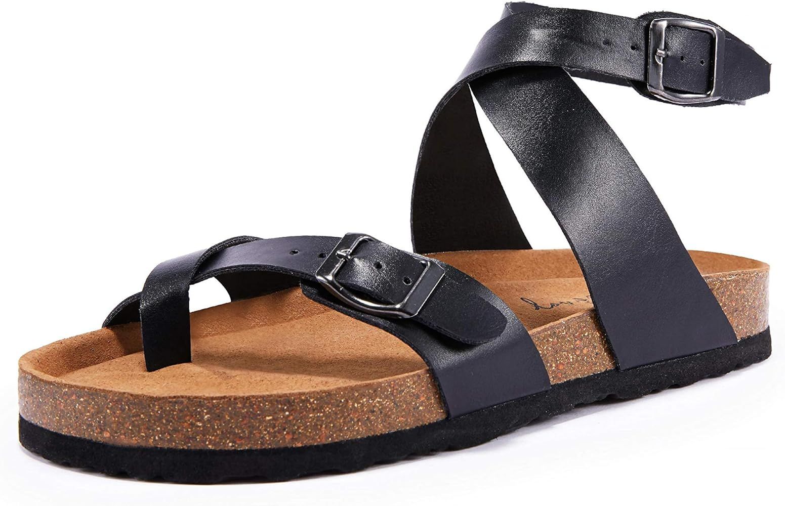 Liyuandian Womens Cross Toe Double Buckle Strap Summer Leather Flat Mayari Sandals | Amazon (US)