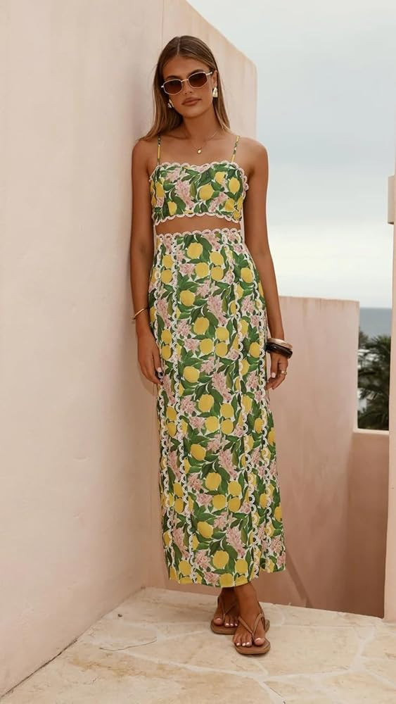 Women's Summer Holiday 2 Piece Outfit Floral Print Backless Cami Top and High Waisted Maxi Slit S... | Amazon (US)