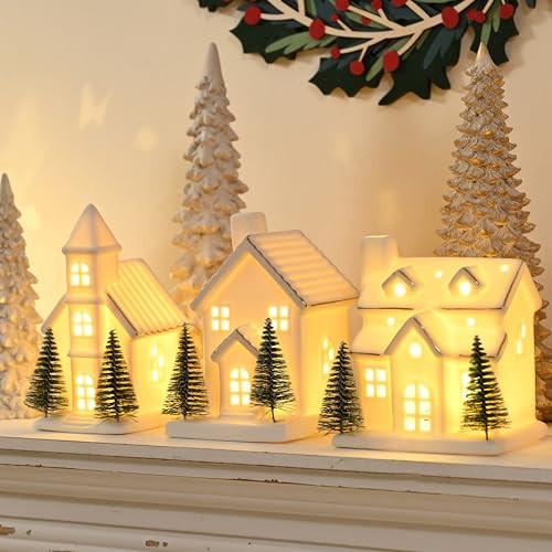 AOMOONOA Ceramic White Christmas Village Houses, 3Pcs Light Up Small Porcelain Village House with 6Pcs Christmas Trees, LED Lighted Tabletop House Figurines for Home Decor, Winter Holiday DIY, Gift | Amazon (US)