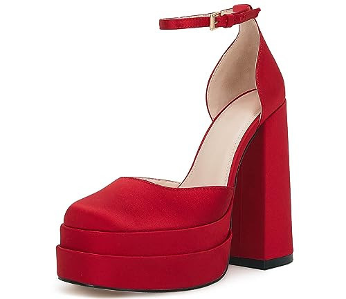 VETASTE Womens Platform Chunky High Block Heels Ankle Strap Party Wedding Dress Pumps Shoes Red | Amazon (US)