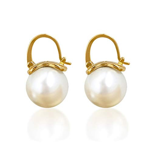 OwMell Elegant 925 Sterling Silver Pearl Drop Earrings Dangle Stud Gold Plated Earrings for Women Large Size 12mm - Gold | Amazon (US)