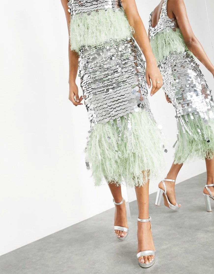 ASOS EDITION paillette sequin midi skirt with faux-feather hem in silver and green | ASOS (Global)
