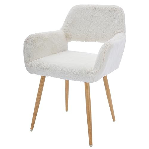Homedraft Home Office Faux Fur Dining Chair, Fluffy Makeup Vanity Chair, Comfy Accent Armchair with Wood Grain Metal Legs, Cute Desk Chair with Hollowed Back, White | Amazon (US)