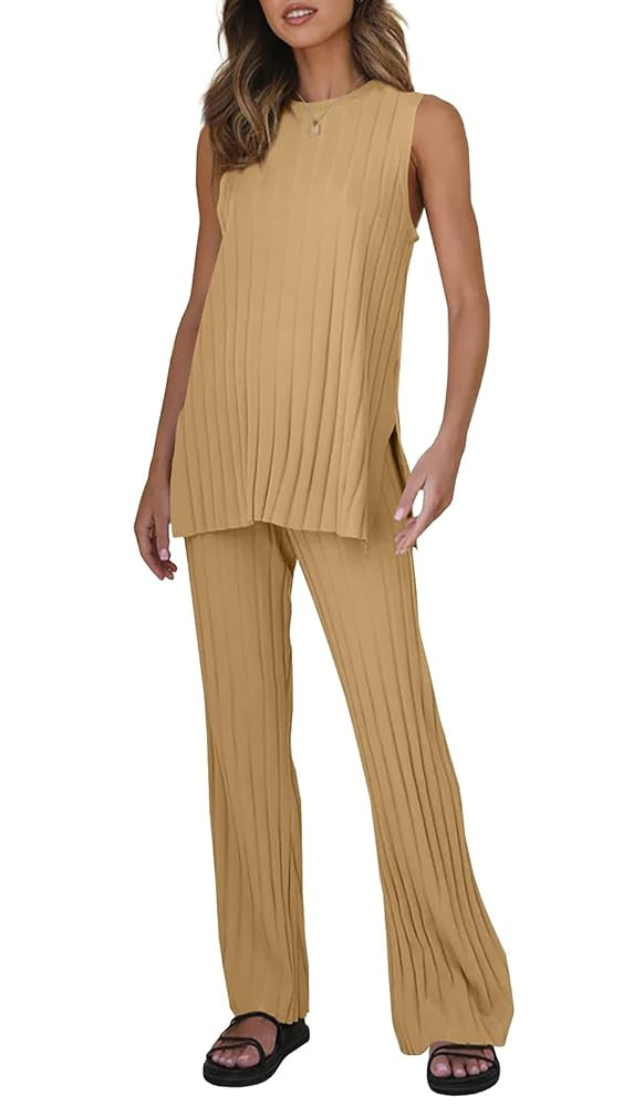 Tankaneo Two Pieces Outfits Sleeveless Top Knit Sets Trendy Lounge Long Pajamas Set | Amazon (US)