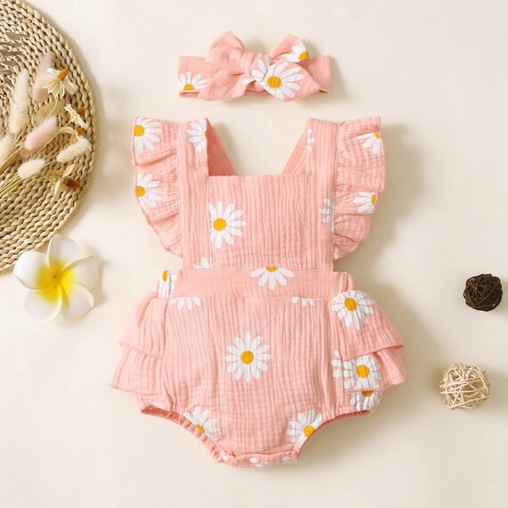 100% Cotton 2pcs Daisy Print Crepe Fabric Baby Romper Set - Etsy | Etsy (US)