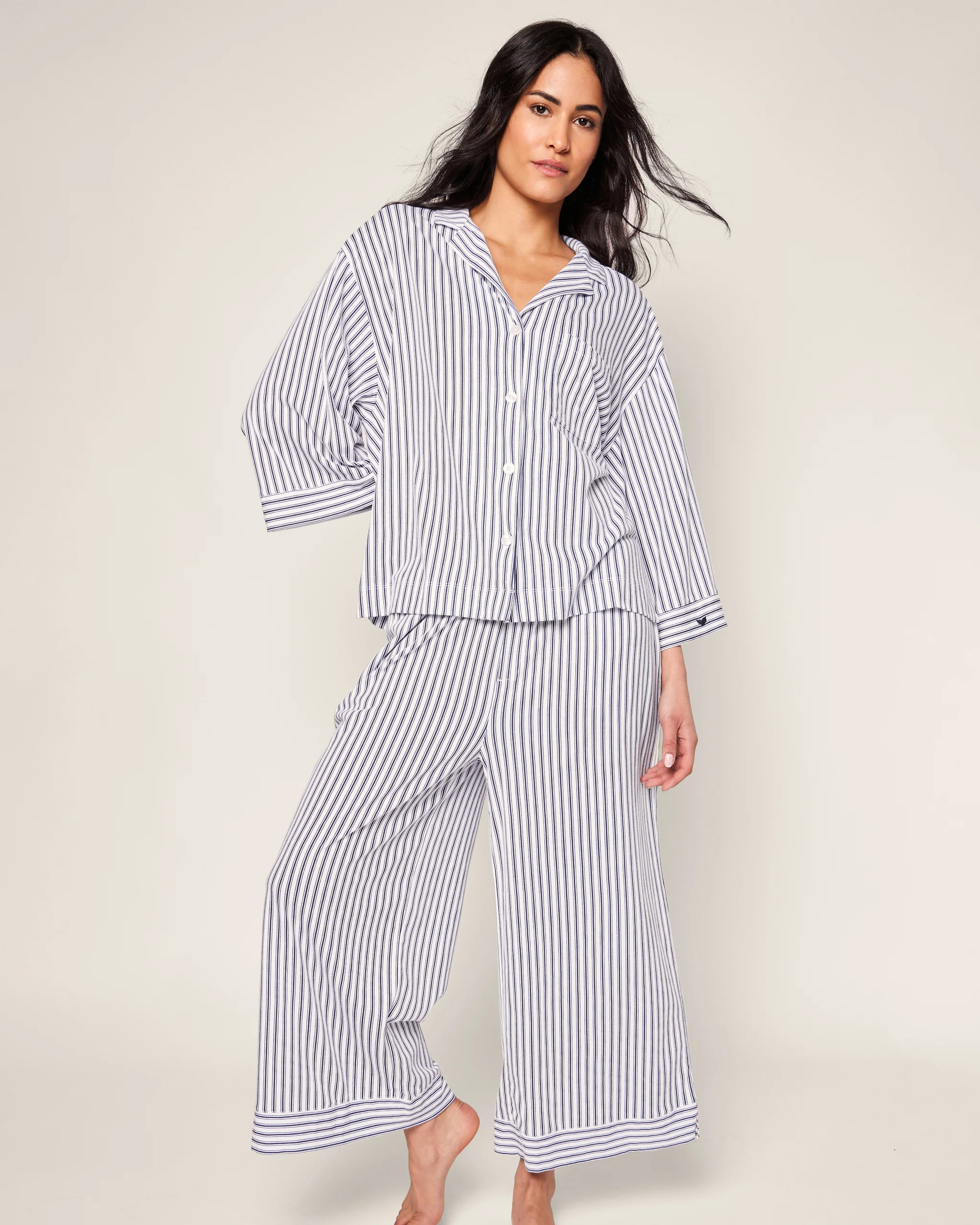 The Olivia Wide Leg Pima Pajama Set in Navy French Ticking | Petite Plume