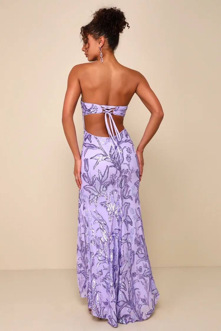 Shimmering Icon Lavender Sequin Lace-Up Strapless Maxi Dress | Lulus