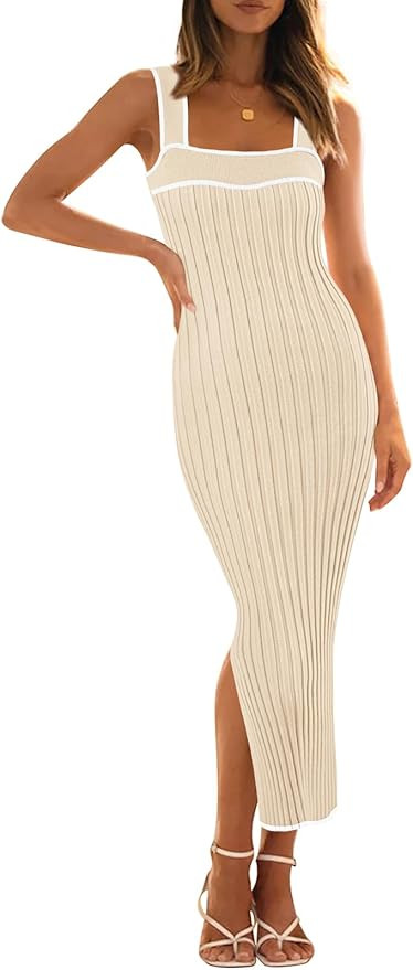 MEROKEETY Women's 2025 Summer Bodycon Midi Dress Vacation Sleeveless Ribbed Knit Striped Sweater ... | Amazon (US)