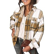 DOROSE Women's Long Sleeve Collar Long Button Down Plaid Shirt Jacket Tops (Khaki, Large) at Amaz... | Amazon (US)
