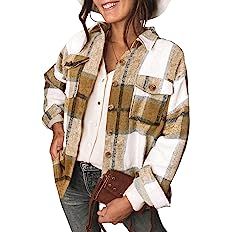 DOROSE Women's Long Sleeve Collar Long Button Down Plaid Shirt Jacket Tops (Khaki, Large) at Amaz... | Amazon (US)