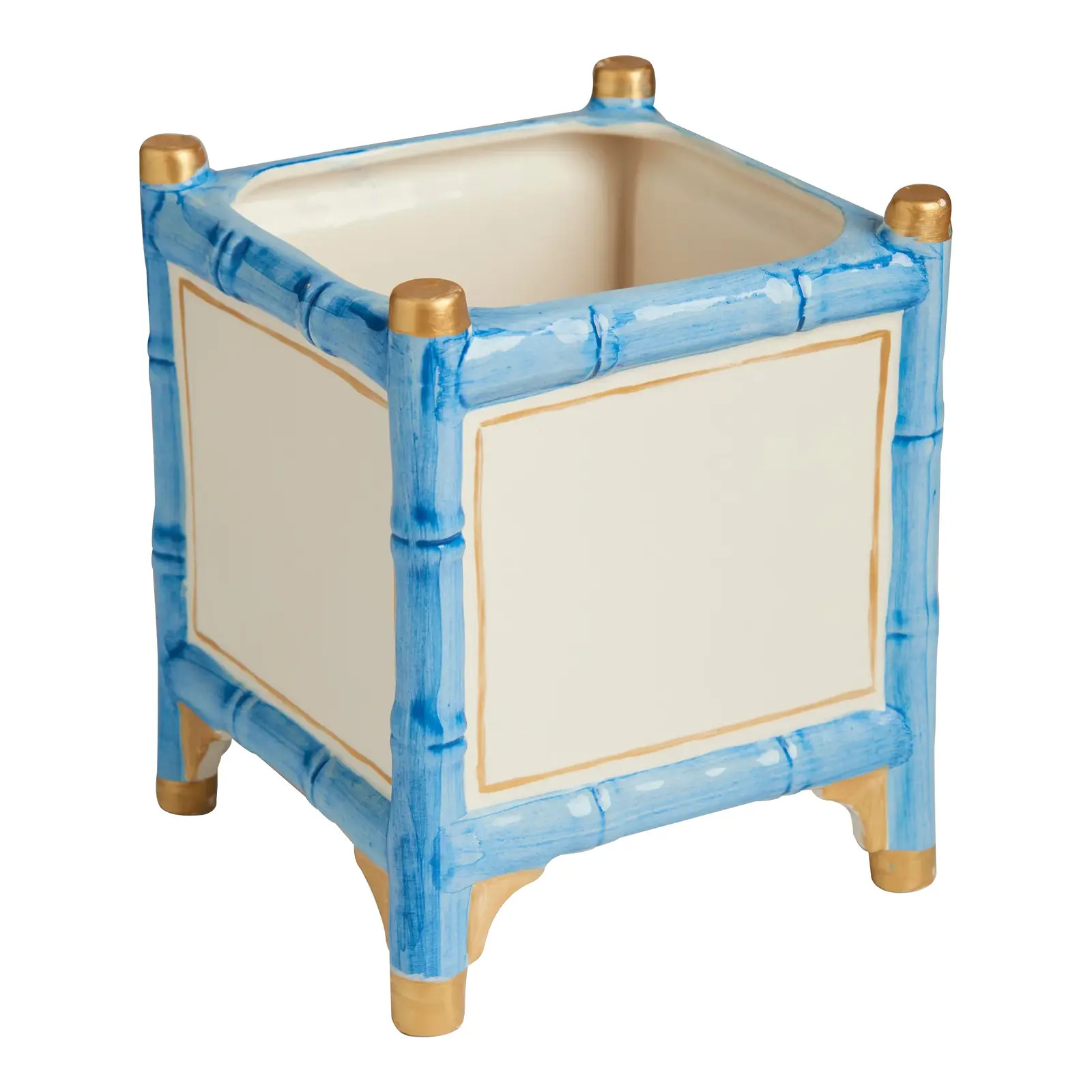 Bamboo Cachepot, Blue/White/Gold, Large | Chairish