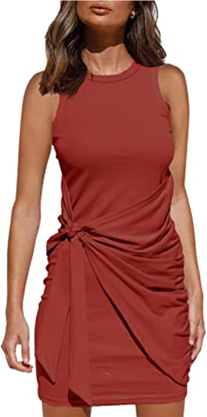 VINMEN Women's Summer Bodycon Ruched Tie Waist Mini Dresses. | Amazon (US)